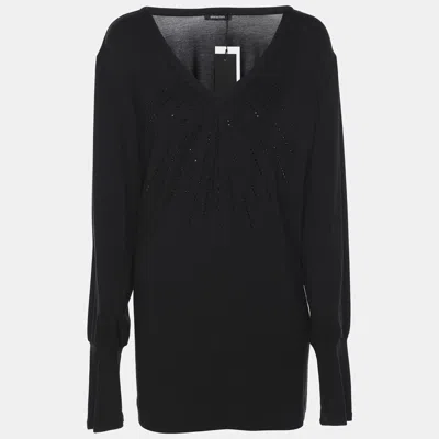 Pre-owned Elena Miro' Black Jersey Embellished V Neck Top Xxl