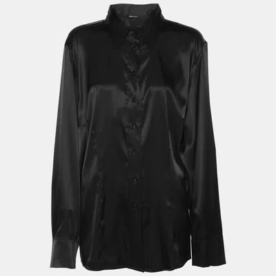 Pre-owned Elena Miro' Black Stretch Satin Classic Long Sleeve Shirt L