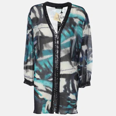 Pre-owned Elena Miro' Blue Chiffon Embellished Shirt Xxl
