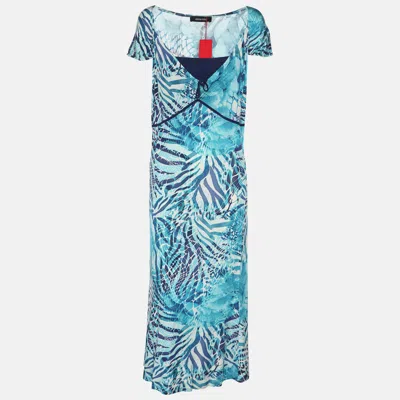 Elena Miro' Blue Printed Jersey Sleeveless Midi Dress
