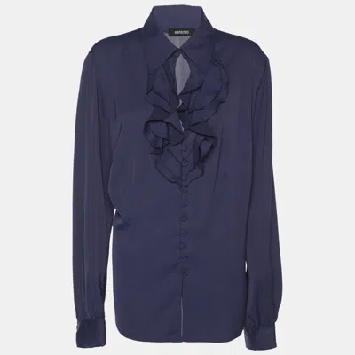 Pre-owned Elena Miro' Blue Satin Ruffled Details Top Xl