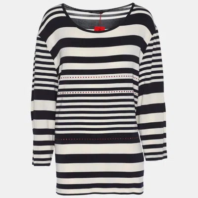 Elena Miro' Blue/cream Striped Jersey Embellished Full Sleeve T-shirt In Black