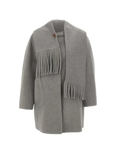 Elena Miro' Coat With Frog Fastenings And Fringed Scarf In Gray