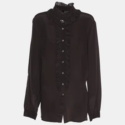 Pre-owned Elena Miro' Dark Brown Chiffon Ruffle Front Long Sleeve Shirt L