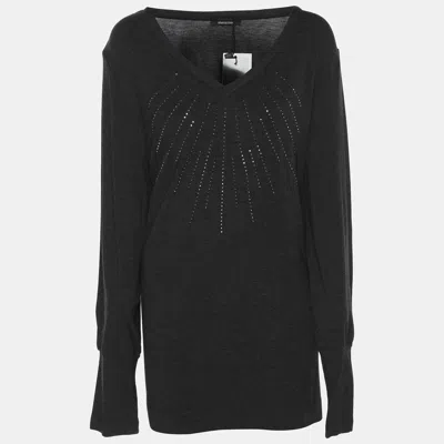 Elena Miro' Dark Grey Jersey Embellished V Neck Top In Black