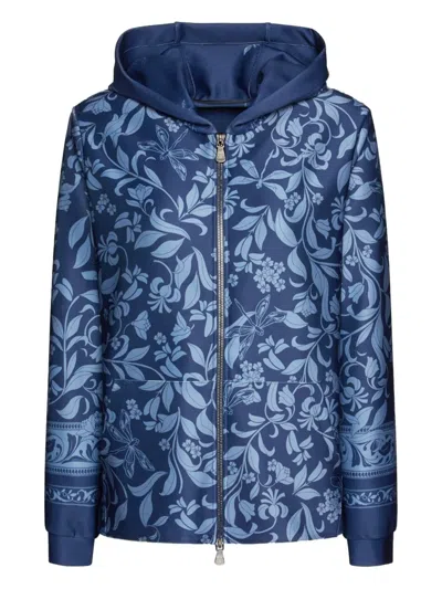 Elena Miro' Floral-print Hooded Jacket In Blue