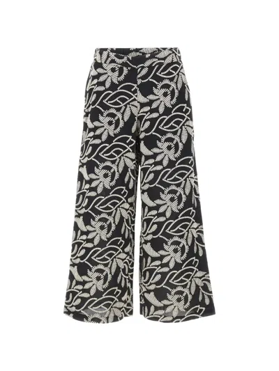 Elena Miro' Floral-embroidery Wide-leg Trousers In Black