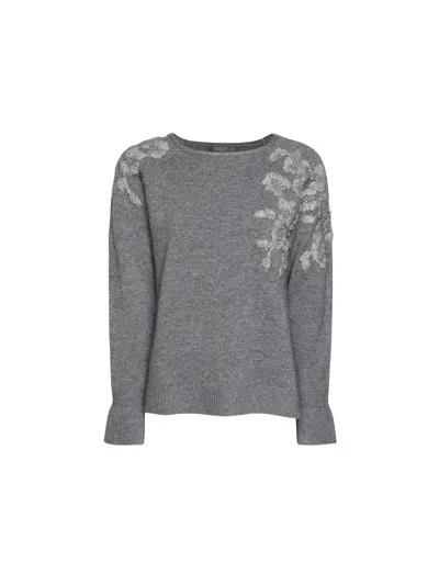 Elena Miro' Grey Floral Embroidered Wool Boatneck Sweater