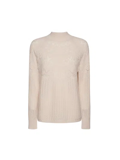 Elena Miro' Intricate Openwork High-neck Wool Sweater In Beige