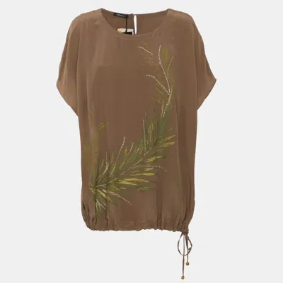 Pre-owned Elena Miro' Khaki Crepe Rhinestone Embellished Tops Xxl In Brown
