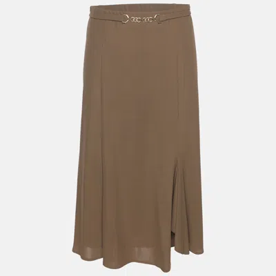Pre-owned Elena Miro' Khaki Jersey Belted Midi Skirt Xl In Brown