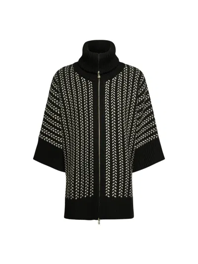 Elena Miro' Kimono High-collar Wool Knit Zip Jacket In Black