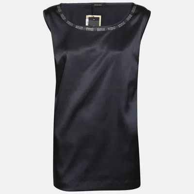 Pre-owned Elena Miro' Midnight Blue Satin Crystal Embellished Neck Sleeveless Tops L