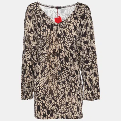 Elena Miro' Printed Jersey Embellished V Neck Top In Brown
