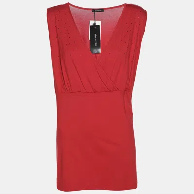 Pre-owned Elena Miro' Red Jersey Crystal Embellished V Neck Tops L