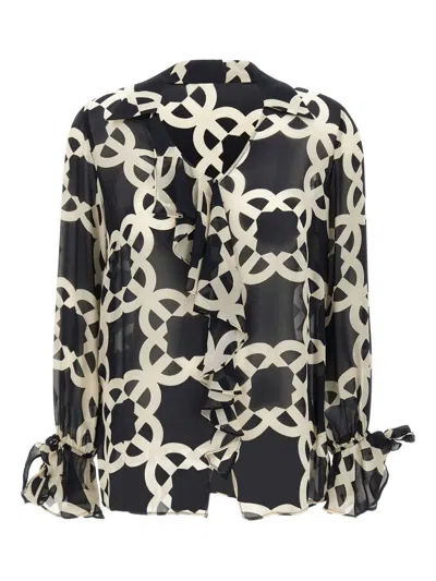 Elena Miro' Ruffle Geometric Blouse In Black