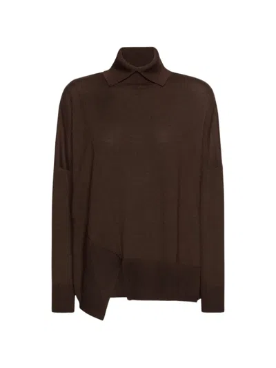Elena Miro' Turtleneck Asymmetric-hem Sweater In Brown