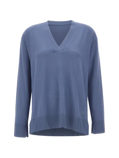 Elena Miro' V-neck Fine-knit Top In Blue