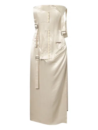 Elena Velez Landwalker Asymmetrical Buckle-fastening Midi Dress In Neutral