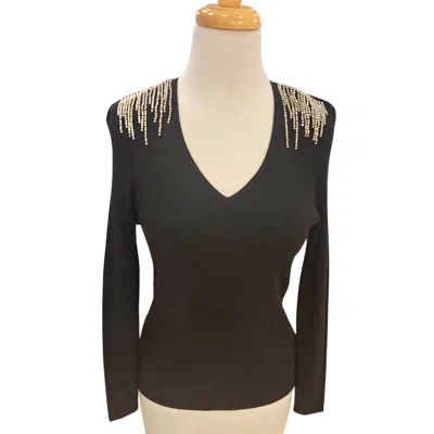 Elena Wang Rhinestone Shoulder Sweater In Black