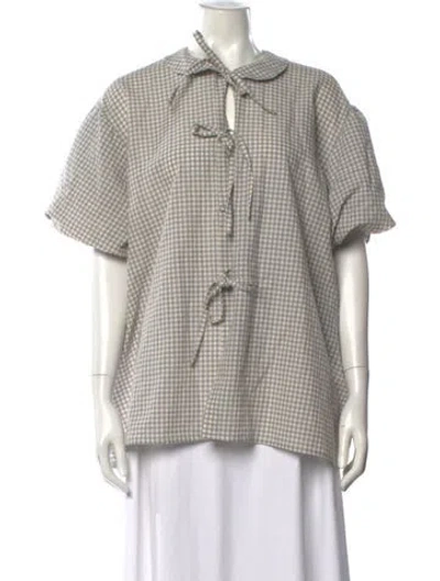 Pre-owned Eleph Plaid Print Tie Neck Top In Gray