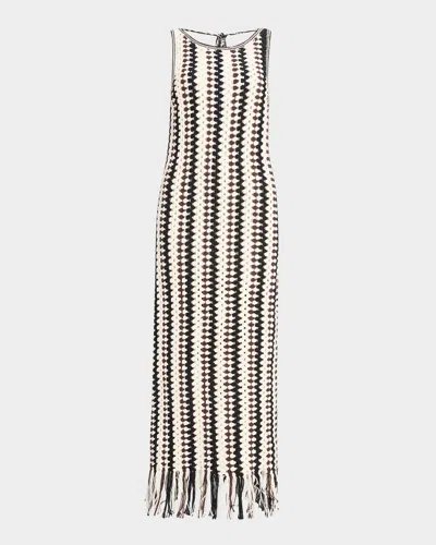 Eleven Six Natalie Striped Fringe-hem Crochet Midi Dress In Ivory/espresso/black
