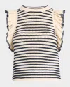 Eleven Six Viola Striped Ruffle Crochet Tank In Ivory Navy Stripe