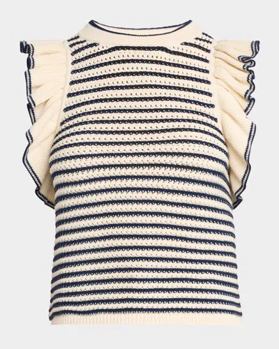 Eleven Six Viola Striped Ruffle Crochet Tank In Ivory/navy Stripe