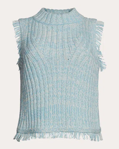 Eleven Six Women's Bria Ribbed Cotton Fringe Mock Neck Sweater Tank In Ivory/robin Egg Blue Tweed