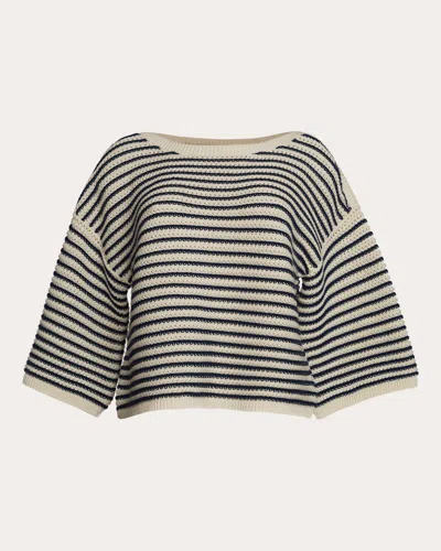Eleven Six Women's Elena Stripe Cotton Drop-shoulder Cropped Sweater In Ivory/navy Stripe