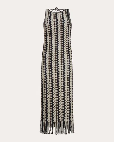 Eleven Six Women's Natalie Stripe Crochet Cotton Fringe Midi Dress In Ivory/espresso/black