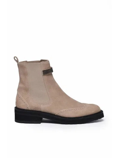 Eleventy Beige Brogue Detailing Suede Rubber Sole Boots In Pink