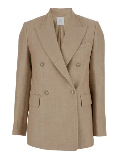 Eleventy Beige Double-breasted Jacket With Jewel Buttons In Wool And Linen In Brown