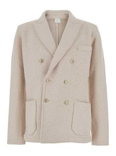 Eleventy Beige Double-breasted Jacket With Peak Revers In Wool Man In Multicolor