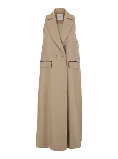 Eleventy Beige Double-breasted Sleeveless Coat In Linen Woman