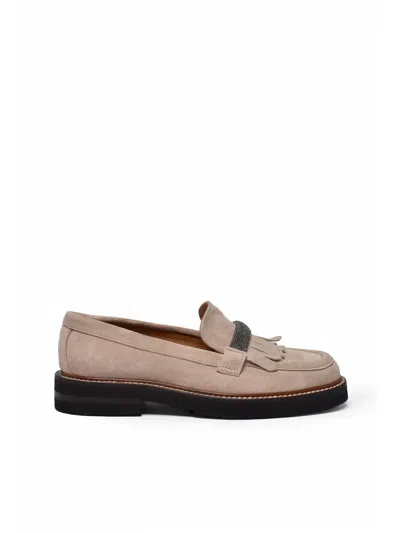 Eleventy Beige Fringe Detail Textured Strap Suede Loafers In Pink
