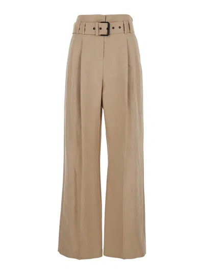 Eleventy Beige Trousers With Pleats And Waist Belt In Linen Woman