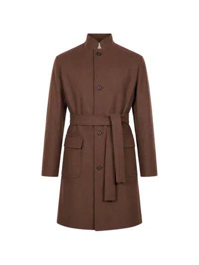 Eleventy Belted High-neck Wool Coat In Brown
