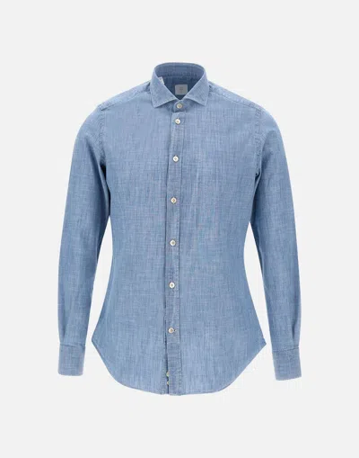 Eleventy Cotton Shirt In Light Blue Denim Effect Slim Fit