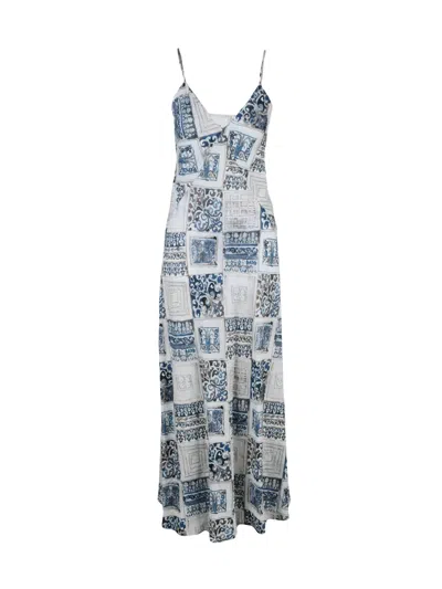 Eleventy Blue Beige Long Flared Linen Dress In Gray