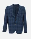 Eleventy Blue Checked Linen Wool Silk Blazer