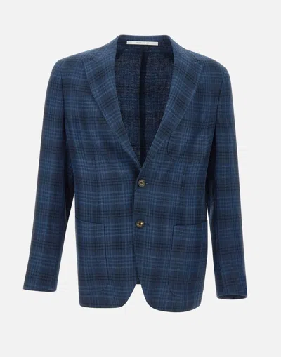 Eleventy Blue Checked Linen Wool Silk Blazer