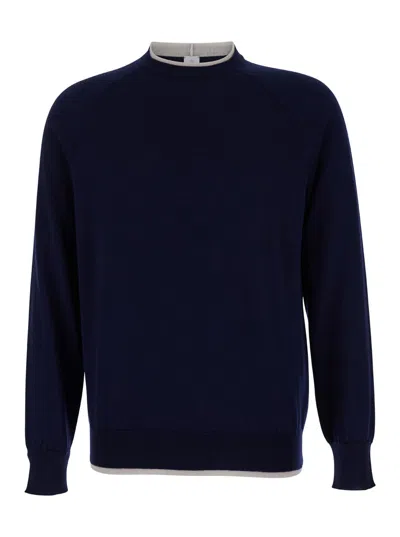 ELEVENTY BLUE CREWNECK SWEATER WITH RIBBED TRIM IN WOOL MAN