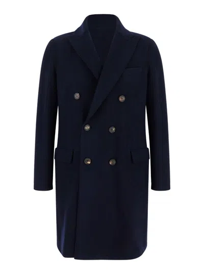 ELEVENTY BLUE DOUBLE-BREASTED COAT WITH PEAK REVERS IN FABRIC MAN