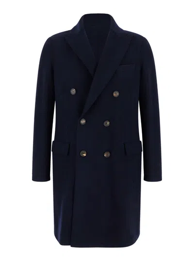 Eleventy Blue Double-breasted Coat With Peak Revers In Fabric Man