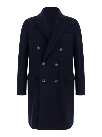 Eleventy Blue Double-breasted Coat With Peak Revers In Fabric Man In Multicolor