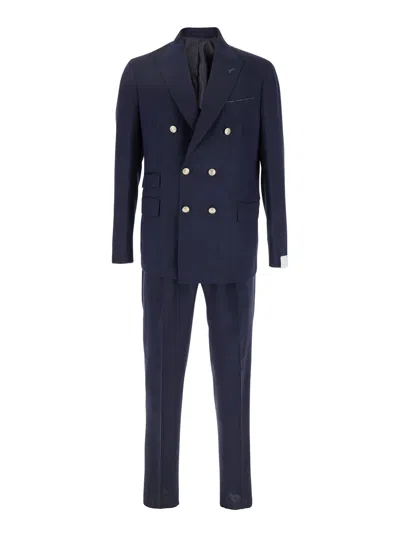 Eleventy Blue Double-breasted Suit With Peak Revers And Jewel Buttons In Wool Stretch Man In Multicolor