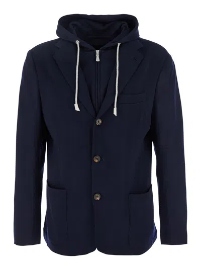 ELEVENTY BLUE JACKET WITH HOOD AND BIB IN WOOL MAN