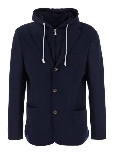 Eleventy Blue Jacket With Hood And Bib In Wool Man