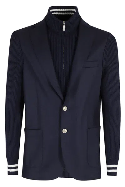 Eleventy Blue Single-breasted Jacket With Bib In Wool Blend Man